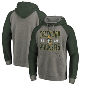 Green Bay Packers Ash Timeless Collection Antique Stack Tri-Blend Raglan Pullover Hoodie