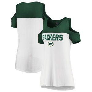 Women’s Green Bay Packers Majestic White/Green Pure Dedication Open Shoulder T-Shirt